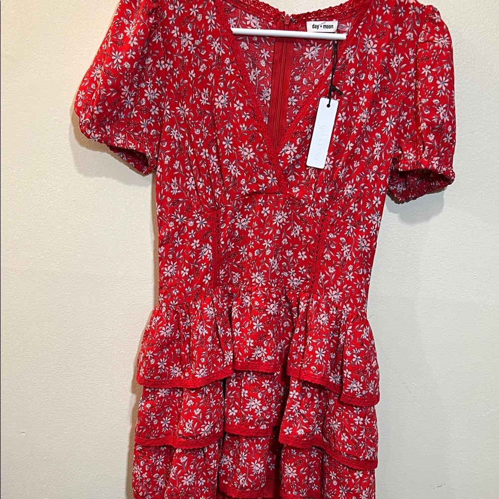 Day+moon Red Floral Ruffle Mini-Dress s Size SMALL